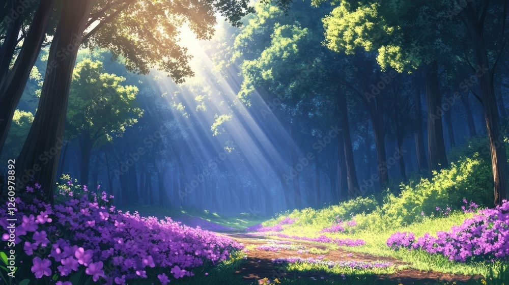 Obraz premium Sunlit Forest Path, Purple Flowers, Calm