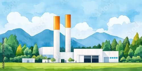 A vibrant illustration of a factory with two smokestacks, surrounded by trees and mountains under a bright, blue sky.