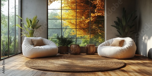 Cozy indoor space with round cushions and plants illuminated by soft sunlight...