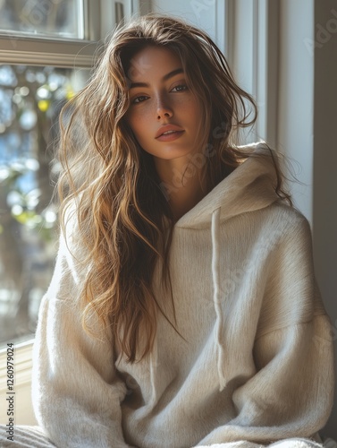 Young woman with wavy hair sitting by a window in casual hoodie during daylig...