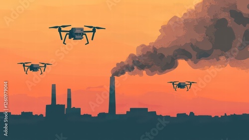 Drones fly over an industrial landscape at sunset, with smoke billowing from factories, highlighting the intersection of technology and pollution.