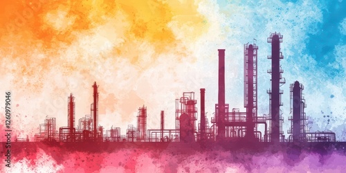 A vibrant silhouette of an industrial landscape with smokestacks against a colorful, abstract background.