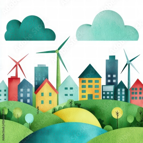 A colorful, whimsical cityscape with wind turbines, greenery, and clouds, illustrating a sustainable urban environment.
