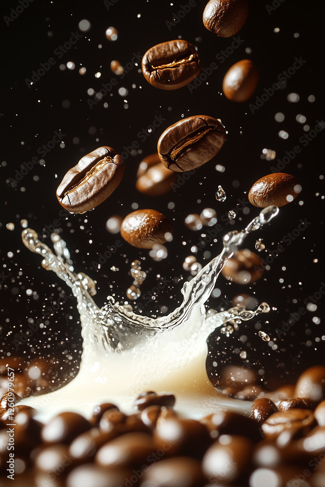 Dynamic Coffee Beans Splashing into Creamy Milk Dynamic Coffee Beans Splashing into Creamy Milk
