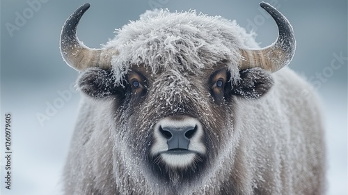 Majestic furry animal in a snowy landscape with frost covering its horns and ...