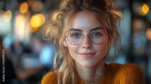 Young woman with glasses smiling in a cozy cafe during the evening hours