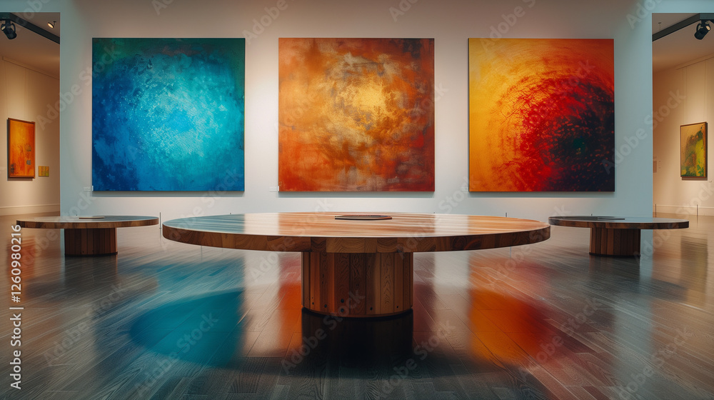 Fototapeta premium Polished High-Gloss Wooden Table in Sleek Modern Art Gallery Setting, Minimalist and Contemporary Design