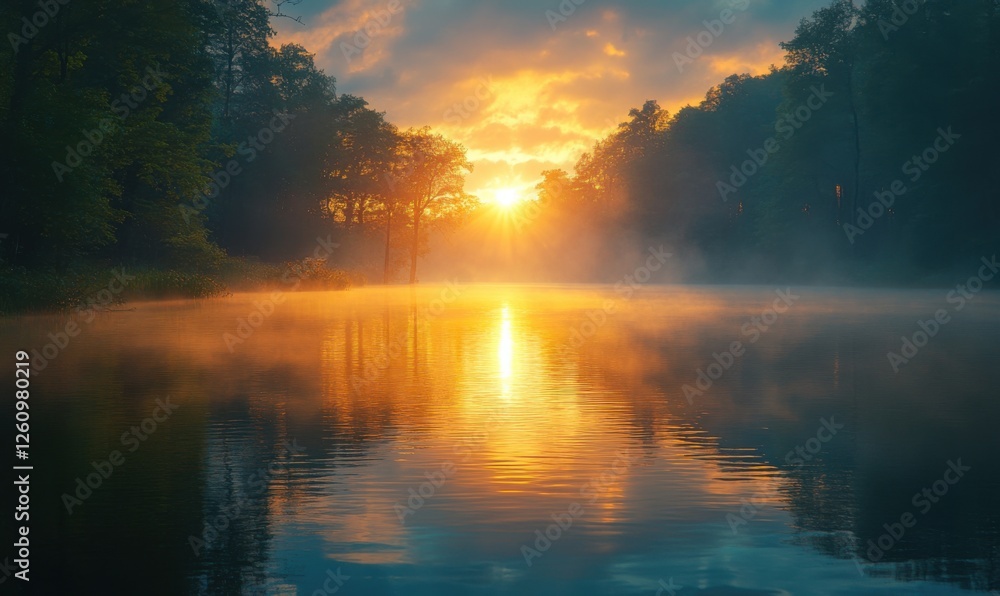Sunrise over a calm lake with mist and vibrant colors Sunrise over a calm lake with mist and vibrant colors