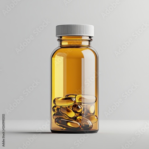 A bottle of pill capsules, representing medication or vitamins, against a clean light grey background, evoking a healthcare or medical theme.3D Rendering,Transparent yellow medicine bottle and pills