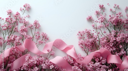 Beautiful arrangement of pink flowers with ribbon for celebration or decorati...