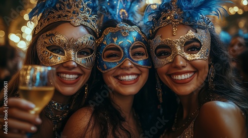 Colorful masks and joyful smiles at festive gathering with friends in a vibra...