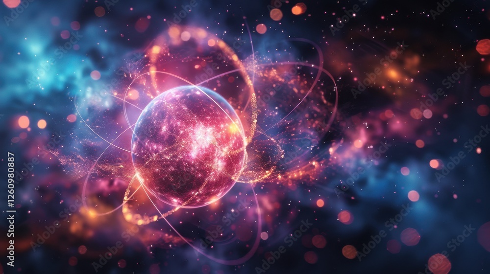Fototapeta premium Vibrant Cosmic Sphere Surrounded by Colorful Nebula and Glowing Particle Effects Representing Advanced Technology Concepts