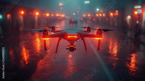 Drone flying over urban landscape at sunset with river and buildings in view
