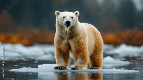Polar bear standing on ice in a tranquil arctic landscape with soft sunlight ...