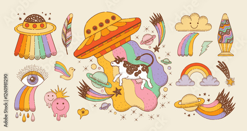UFO alien trippy set with cow animal. Space psychedelic retro ship with rainbow, cow. Hippy groovy 70s vector. Cute style abstract sticker. Doodle UFO alien spaceship. Cartoon rocket illustration bg