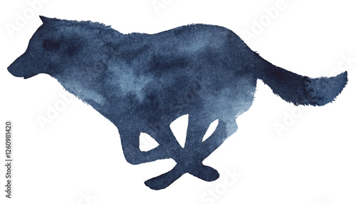 Watercolor illustration of the silhouette of a running wolf on a transparent background 