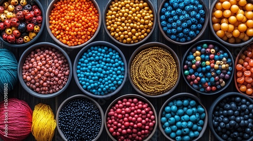 Colorful array of beads in various shades arranged in bowls on a wooden surface