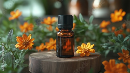 Bottles of essential oil among fresh fruits and berries on a wooden surface