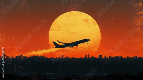 Airplane landing at sunset over a shimmering runway in a vibrant sky