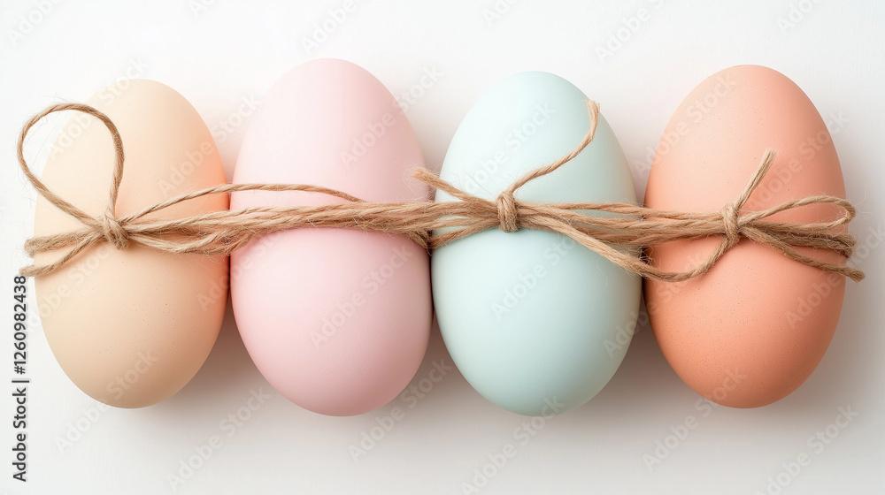 Pastel colored eggs, tied together with twine, against a white backdrop, creating a minimalist still life.
