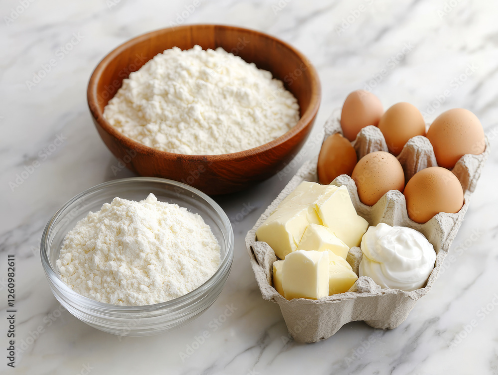 Baking essentials: flour, butter, eggs, and cream in bowls on marble countertop
Baking essentials: flour, butter, eggs, and cream in bowls on marble countertop