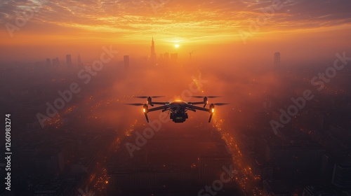 Drone flying above city skyline at sunset with river flowing through landscape