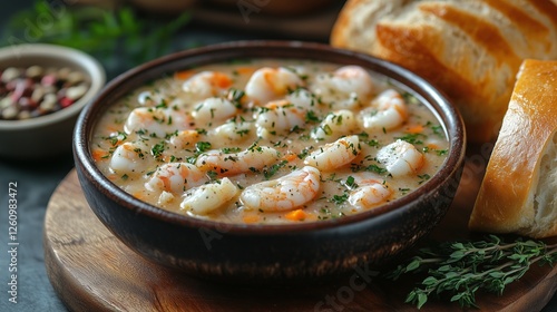 Shrimp stew served with fresh bread and herbs on a wooden table