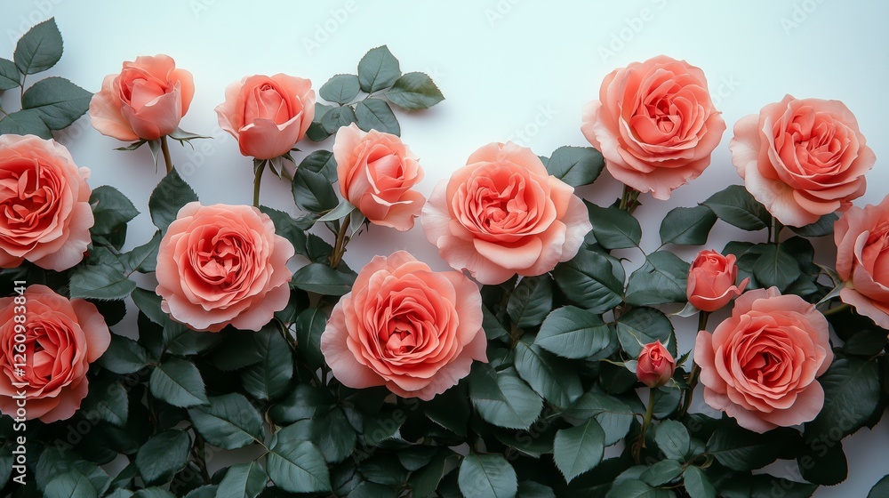 Obraz premium Beautiful coral roses arranged elegantly against a light background in a floral display