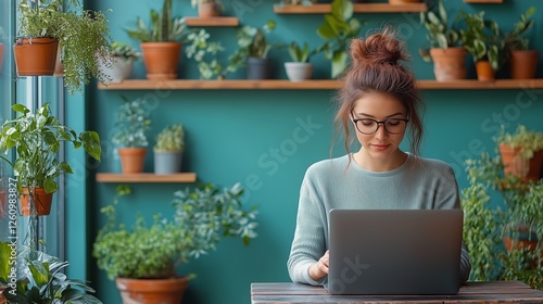 Young woman working on laptop surrounded by green plants in a bright indoor s...