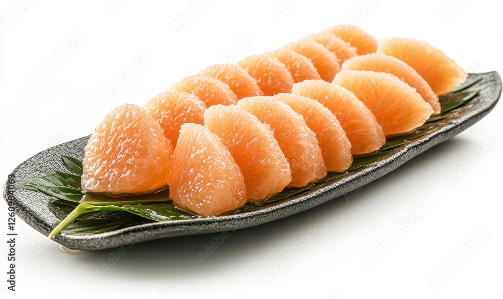 Sliced grapefruit segments on a plate, healthy snack, white background, food photography, recipe ingredient Sliced grapefruit segments on a plate, healthy snack, white background, food photography, recipe ingredient