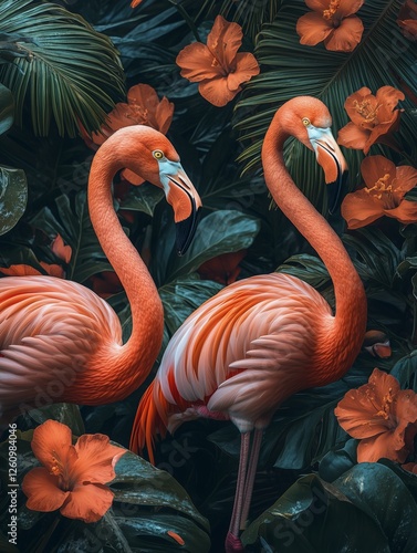 Vibrant flamingos surrounded by tropical flowers and lush foliage in a serene...