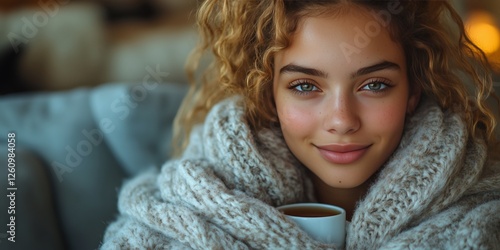 Young woman enjoys warm tea in cozy setting during winter afternoon