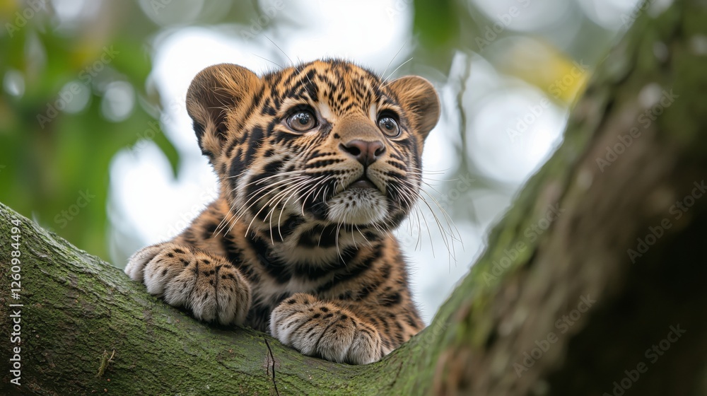 Fototapeta premium Young leopard cub resting on a branch in a lush jungle environment during daytime