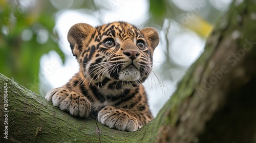 Young leopard cub resting on a branch in a lush jungle environment during day...