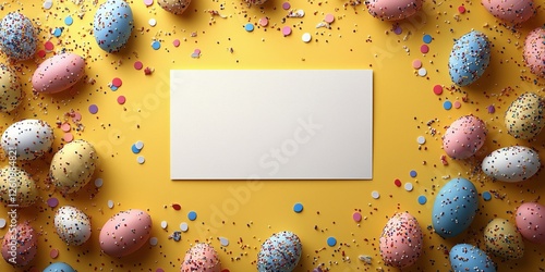 Colorful Easter egg arrangement with decorative elements on a bright yellow b...