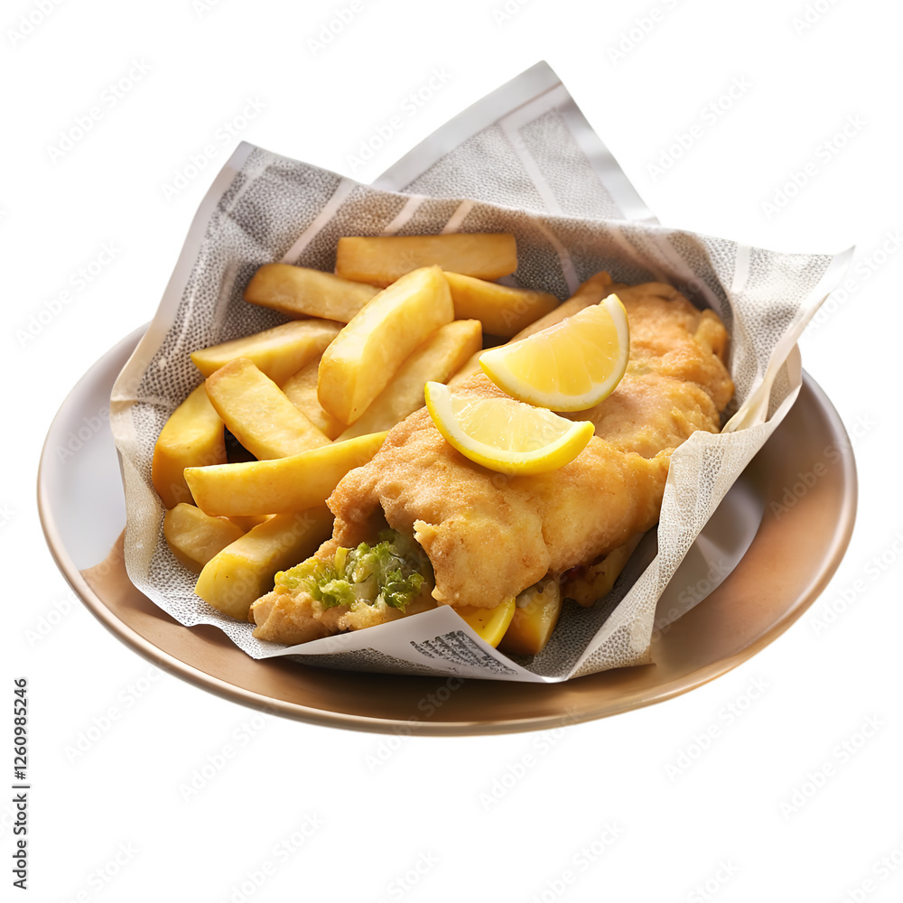 Crispy Beer Battered Fish and Chips with Lemon Wedge Served on Newspaper Style Paper, Classic British Pub Food, Delicious Takeaway Meal