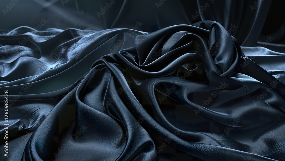 Fototapeta premium Soft, dark fabric drapes elegantly across a surface, creating gentle waves and smooth textures. The minimalist design adds to the tranquil mood, enhancing any setting