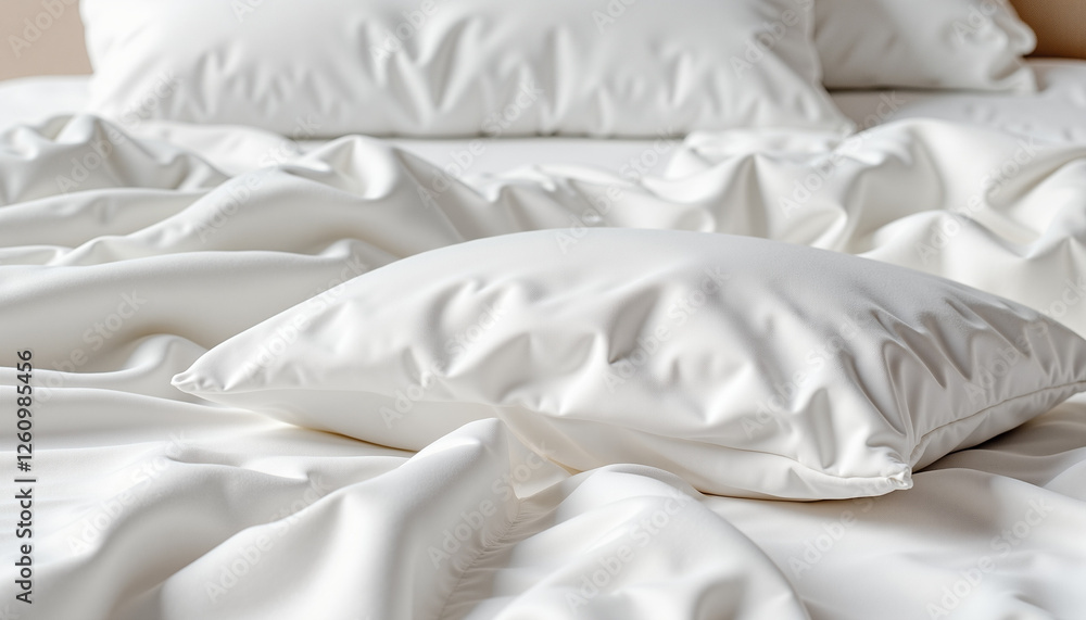 Wrinkled white bedding with soft pillows, creating a relaxed and inviting atmosphere
