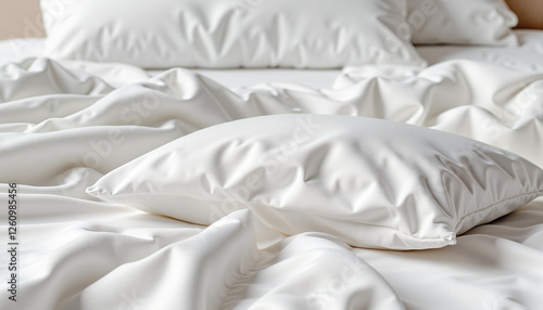 Obraz na płótnie Wrinkled white bedding with soft pillows, creating a relaxed and inviting atmosphere w salonie