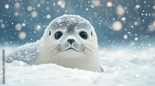 Adorable seal pup resting in snowy landscape during winter season