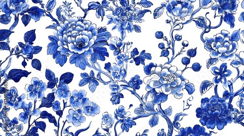 Blue floral pattern, textile design, white background