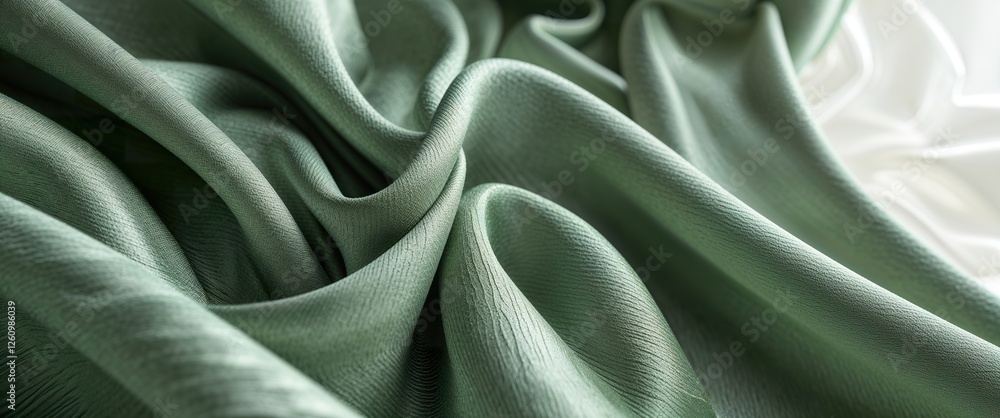 Fototapeta premium Soft, textured green fabric flows elegantly across a surface, creating a calming atmosphere typical of minimalist design