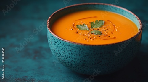 Warm bowl of creamy orange soup garnished with spices on a colorful textured ...