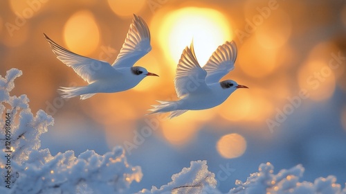 Majestic bird soaring gracefully over snowy landscape at sunrise