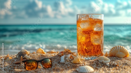 Refreshing drink sits on sandy beach with shells and ocean waves in the backg...
