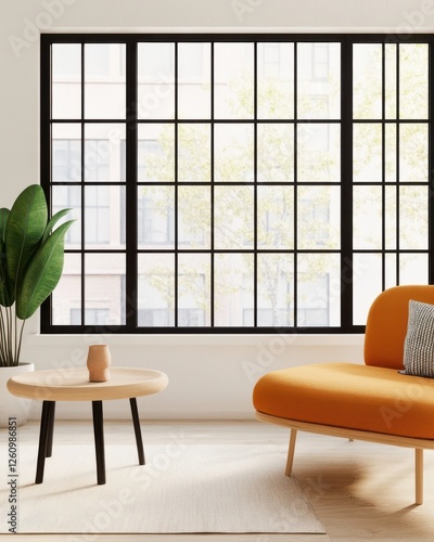 Modern Living Room Design Featuring Cozy Orange Sofa, Stylish Center Table, and Inviting Indoor Plant, Bright Daylight View