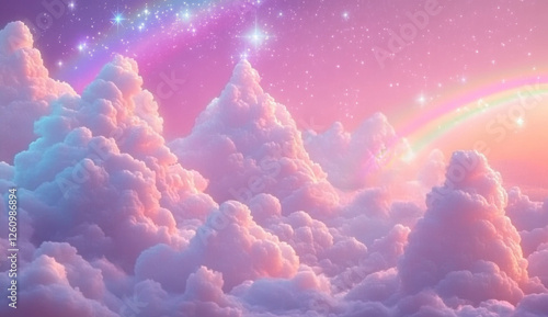 A whimsica pastel rainbow unicorn background shines with sparkling stars against a soft, pink fantasy sky. Fairy iridescent gradient backdrop. unicorn resting on a fluffy cloud with a vibrant rainbow. photo