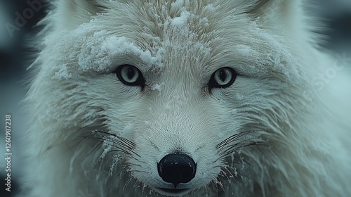 Arctic fox stands on rocky terrain with autumn foliage and snow-capped mounta...
