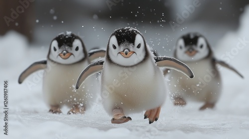 Chilly penguin chicks waddling on snow in a frosty landscape during winter