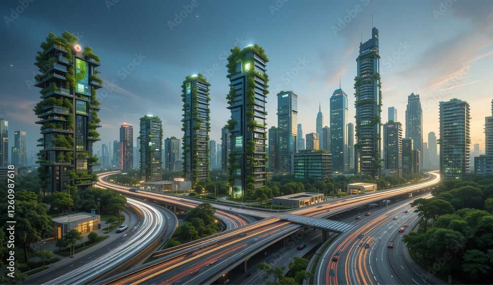Fototapeta premium Futuristic Eco-City with Green Skyscrapers and High-Tech Highways at Sunset